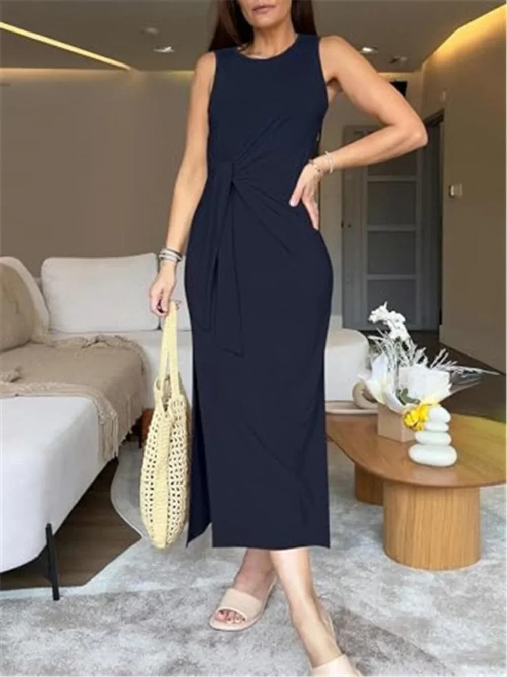 Women's Summer Casual Sleeveless T Shirt Midi Dress Slim Fit Tie Waist